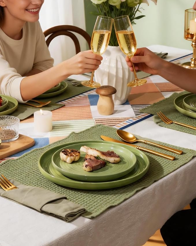 Dinnerware Sest for 8, Ceramic Plates & Bowls, Olive Green | 24-Piece Ceramic - Image 4