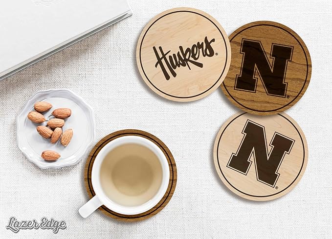 LazerEdge Nebraska Huskers Wooden Coaster Set - Maple Wood - Officially Licensed Product - 4-Pack