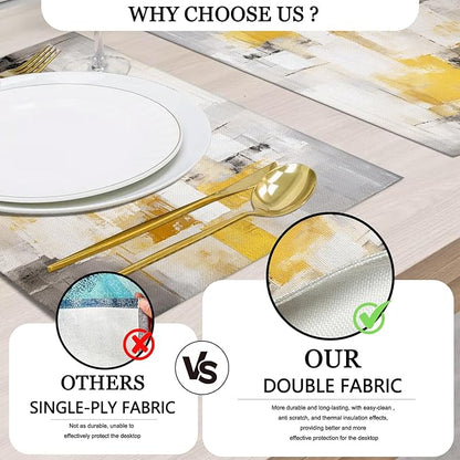 Mcalk Yellow Table Runner and Placemats Set of 6, Abstract Grey Placemats, Modern Cloth Place Mats Indoor for Kitchen,Washable Linen Material for Dining Table