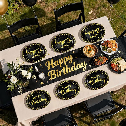 50Pcs Black and Gold Birthday Oval Paper Plates 10" x 12" Large Heavy Duty Disposable Black Gold Happy Birthday Decorations Golden Dessert Party Plate for Women Men Winter Xmas Holiday Party Supplies