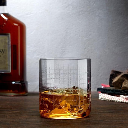NUDE Whiskey Glasses Set of 4 DOF – 13.25 oz Finesse Grid Lead-Free Crystal Old Fashioned Rocks Glasses for Whisky, Scotch & Bourbon – Etched Graphic Motif, Dishwasher Safe Barware