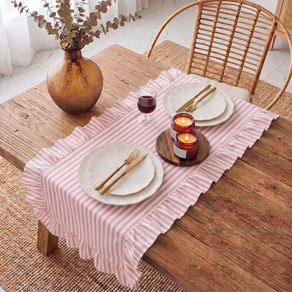 HunnmingRe Ruffle Trim Boho Table Runner Farmhouse Rustic Stripes Scalloped - Image 6