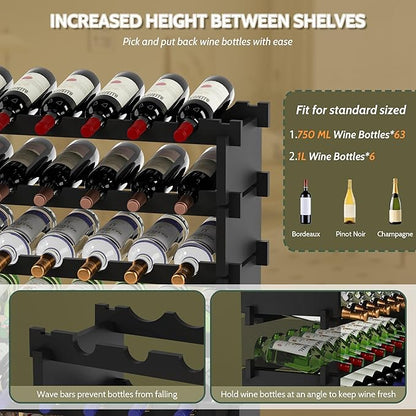 Wine Rack Freestanding Floor, Bamboo 8-Tier 69 Wine Bottle Holder Racks Countertop Cabinet Display, Wooden Stackable Modular Wine Storage Organizer Shelves for Kitchen Bar Cellar Dining Room Black
