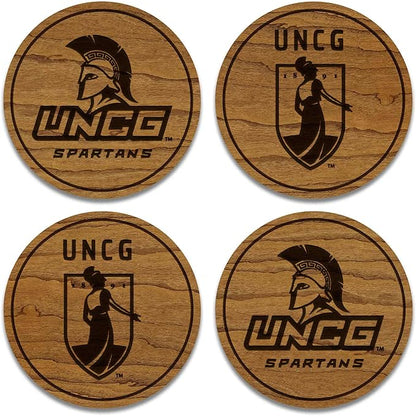 LazerEdge UNC Greensboro Spartans Wooden Coaster Set - Cherry Wood - Officially Licensed Product - 4-Pack