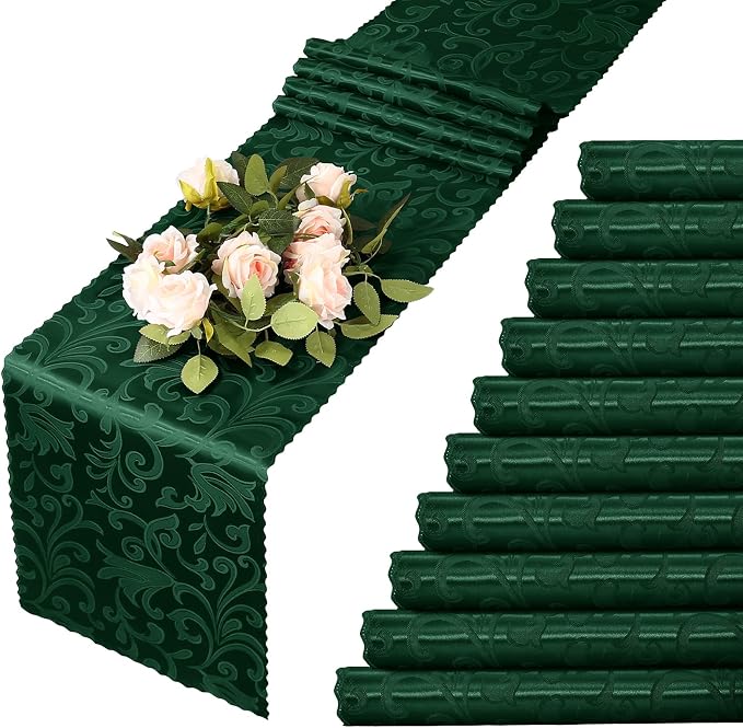 MILVOWOC Emerald Green Satin Table Runner, 12 Pack, 12 x 72 Inch | Jacquard by MILVOWOC