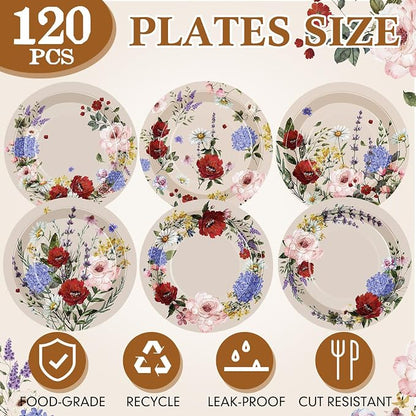 120 Pcs 7 Inch Spring Floral Paper Disposable Plates Wildflowers Party - Image 2