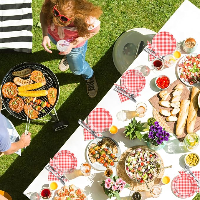 180Pcs Red Gingham Party Supplies Paper Plates and Napkins Serve 60 | - Image 6