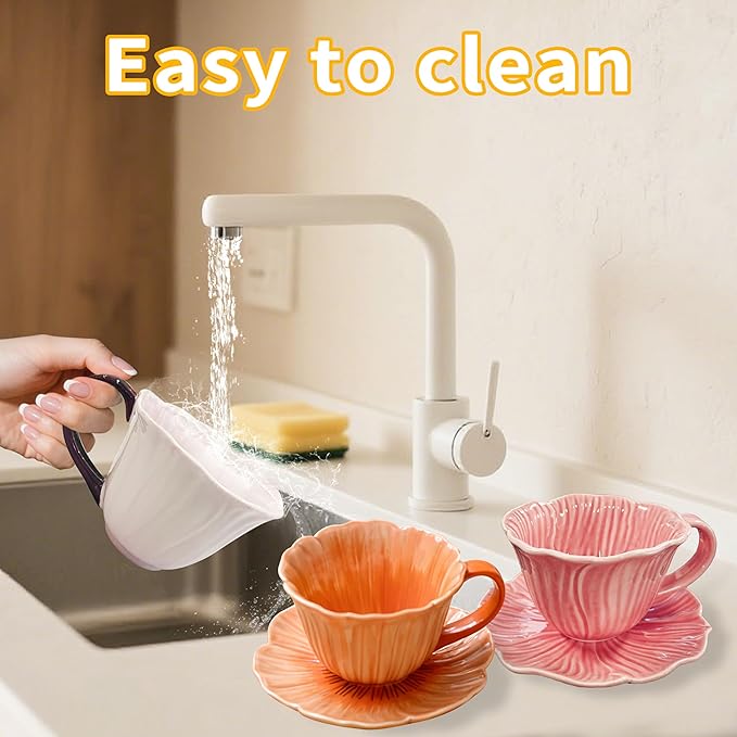 10 oz Tea Cups and Saucers, Ceramic Flower-shaped Cappuccino Cup, Latte Cup and - Image 6