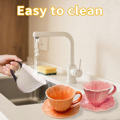 10 oz Tea Cups and Saucers, Ceramic Flower-shaped Cappuccino Cup, Latte Cup and - Image 6