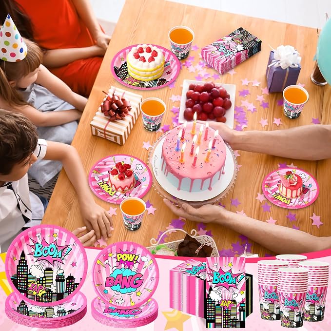 Funnymoom 250 Pcs Girl Hero Birthday Decoration Pink Comic Girl Hero Paper - Image 5