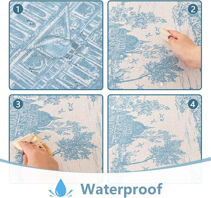 MYSKY HOME Linen Vintage Rectangle Tablecloth 60x120 Inches, Blue Castle Print Table Cloth for Dining Table I Tabletop I Parties/Outdoor I Spring/Summer Waterproof Fabric Farmhouse Tablecloth
