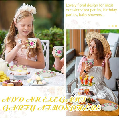 Umigy 60 Sets Floral Tea Party Decorations 6.5 oz Floral Paper Teacups & Saucer - Image 4
