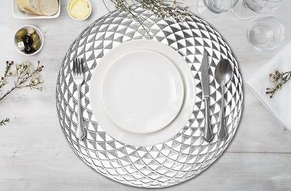 Vinyl Round Placemats Set of 4 - Non Slip Place Mats Ideal for Indoor and Outdoor Dining Table - Washable and Heat Resistant Table Mat for Kitchen Tables (Hunter Silver)