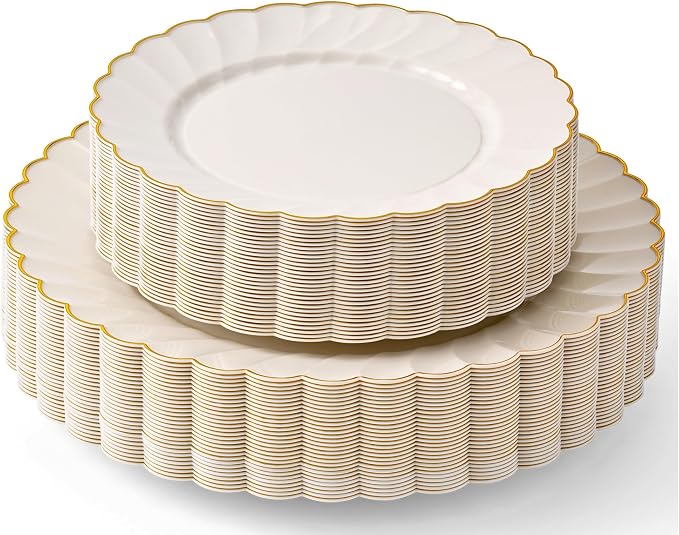 HEAVYWEIGHT Ivory Gold Scalloped Plastic Plates by byMadee