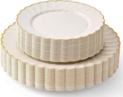 HEAVYWEIGHT Ivory Gold Scalloped Plastic Plates by byMadee