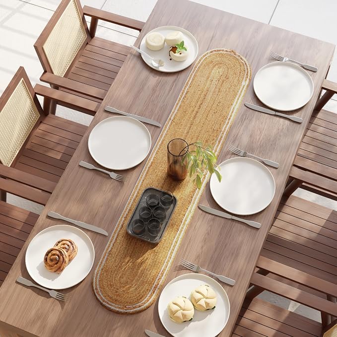 Encasa XO Handwoven Jute Table Runner, Center Table 12"x54" Off White & Jute - Image 5