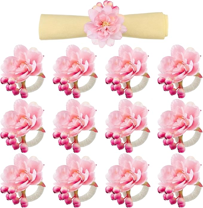 Chengu 12 Pcs Pink Floral Napkin Rings Summer Handcraft Flower Napkin Rings by CHENGU