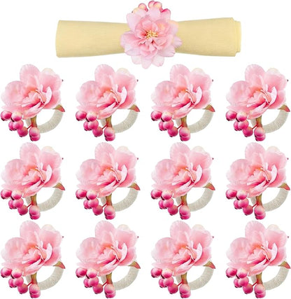 Chengu 12 Pcs Pink Floral Napkin Rings Summer Handcraft Flower Napkin Rings by CHENGU