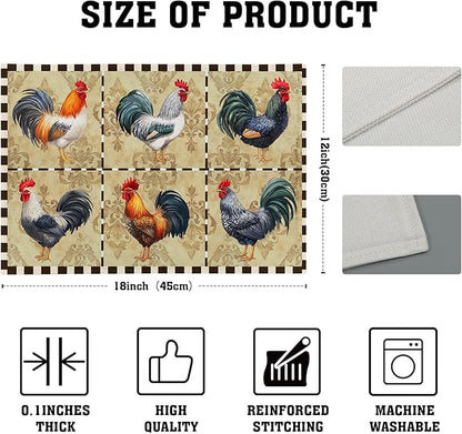 Rooster Placemats Set of 4-12 x 18 Inch Farm Animal Chicken Cotton Linen Table Mat Country Style Buffalo Plaid Decoration Washable Table Place Mats for Kitchen Dining Party