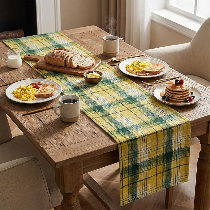 Artoid Mode Yellow Green Farmhouse Plaid Spring Table Runner, Winter Rustic - Image 6