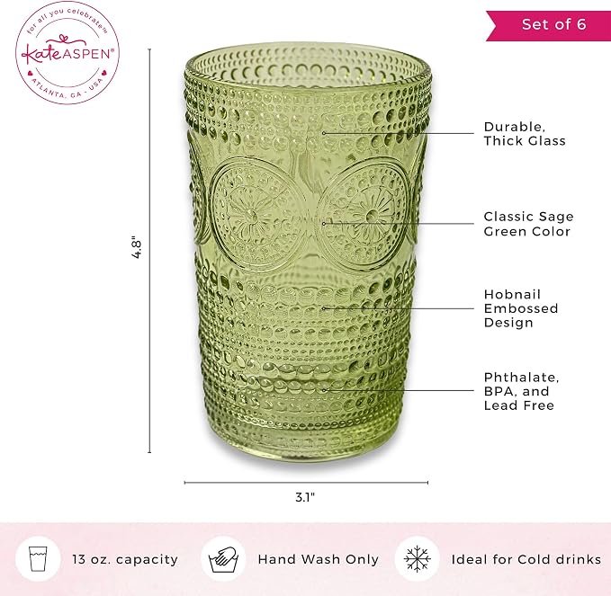 Hobnail Beaded Floral Green Drinking Glasses Set of 6, Vintage Glassware Set by - Image 6