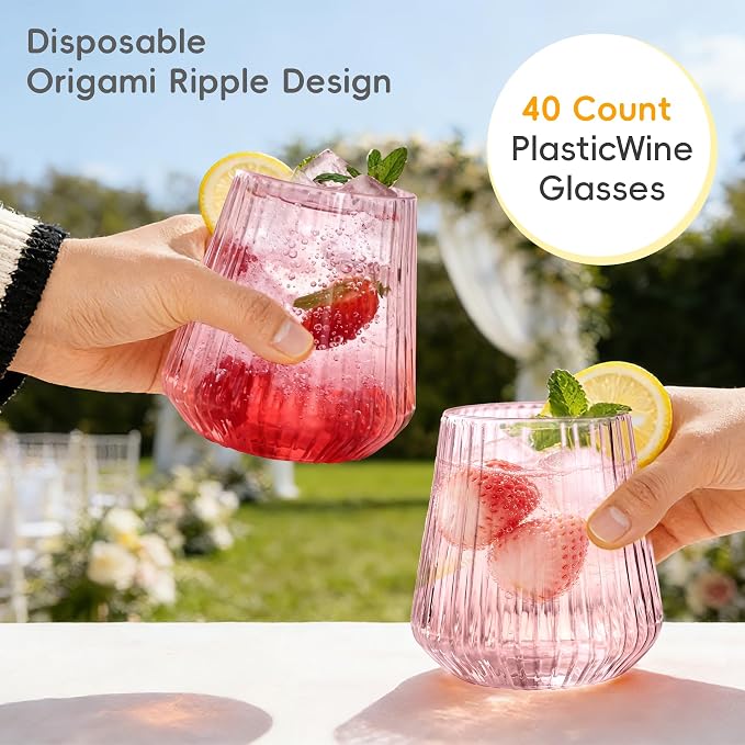 N9R 40PCS Pink Plastic Wine Glasses Disposable, 14 oz Cocktail & Spritz | Pink - Image 5