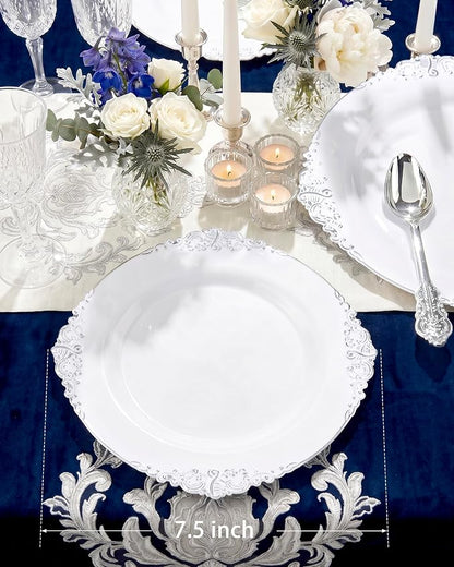 100 Pcs White Silver 7.5" Dessert Plates | 7.5" Disposable Dessert Plates - Image 2