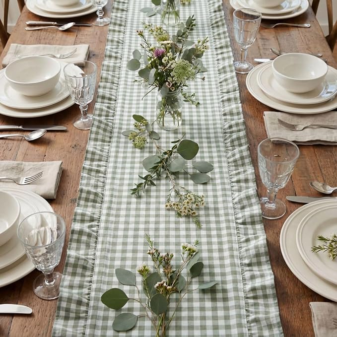 HunnmingRe 1 Pc Gingham Table Runner Green, 118 X 13.8 Inch | Cotton Dresser - Image 5
