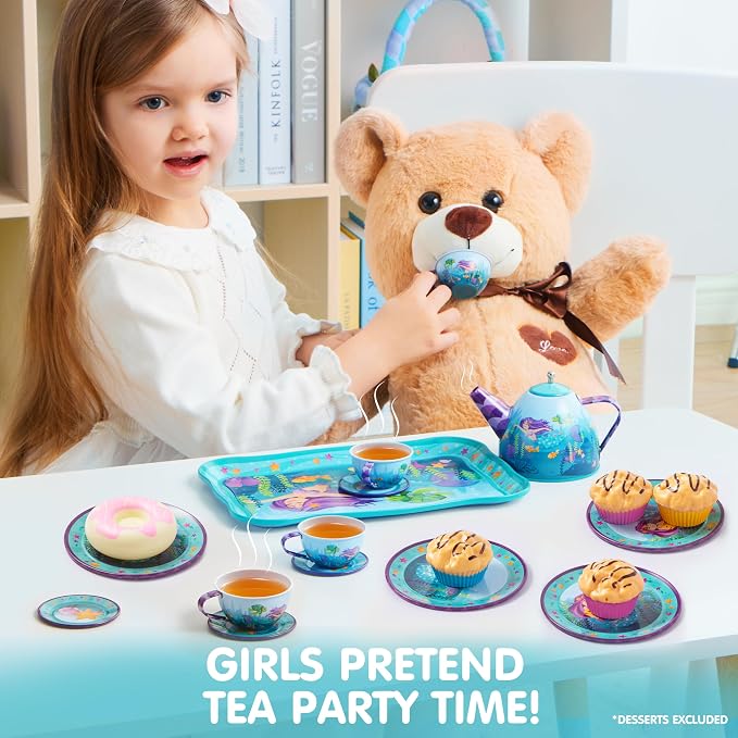 JOYIN Mermaid Tea Party Set for Little Girls, Pretend Tin Teapot Set, Princess - Image 4