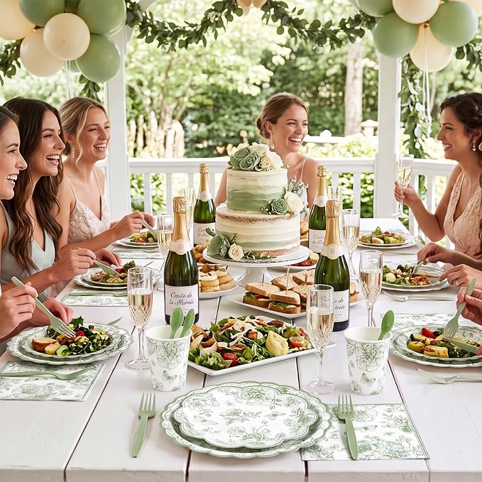 NatNarr 25Set Sage Green Floral Plates and Napkins Bridal Shower Dinnerware | - Image 5