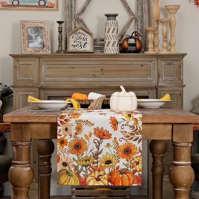 Fall Pumpkins and Sunflowers Table Runner 13x120 Inch, Maple Leaves Farmhouse - Image 3