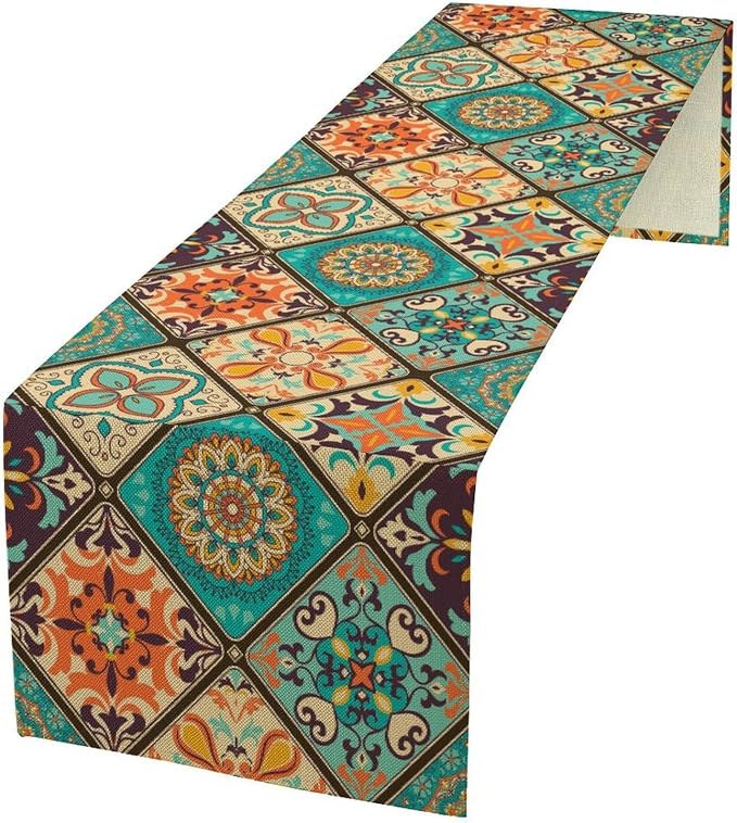 Bohemian Patchwork Table Runnerboho Colorful Tile Patchwork Indian Floral Print by JanJCurt