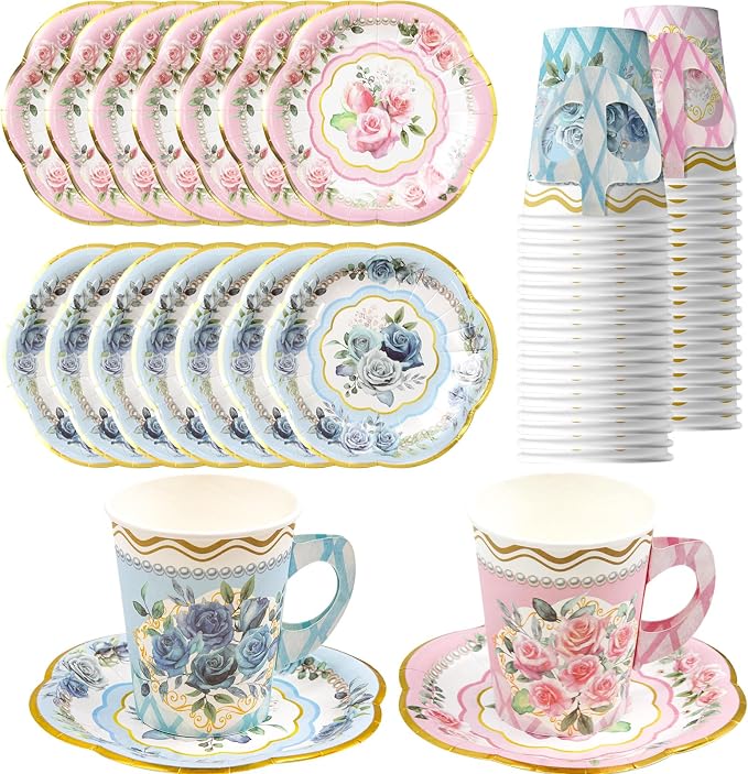 WorldBazaar Floral Tea Party Dinnerware Disposable Cups and Saucers 24 Set | 9oz by WorldBazaar