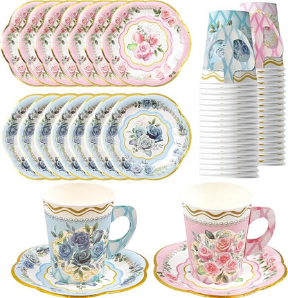 WorldBazaar Floral Tea Party Dinnerware Disposable Cups and Saucers 24 Set | 9oz by WorldBazaar