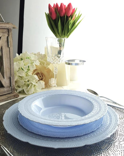 " OCCASIONS " 120 Plates Pack,(60 Guests) Extra Heavyweight Vintage Wedding Disposable/Reusable Plastic Plates 60 x 11'' Dinner + 60 x 8.25'' Salad/Dessert Plate (Chateau Blue)