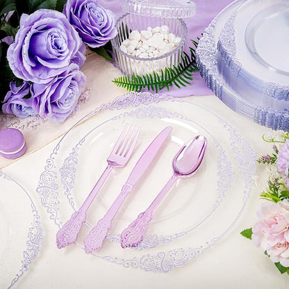 Hioasis 175pcs Clear and Purple Plates - Purple Party Plates for 25 Guest, Include 50 Heavy-duty Plates(20% Thicker Than Standard), 25 Pre Rolled Gold Plastic Silverware Set, 25 Cups