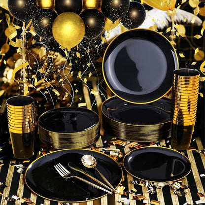 EI 180pcs Black Plastic Plates Black and Gold Disposable Plates Gold Plastic Dinnerware Set Silverware and Cups for Birthday,Wedding,Festival,Party Graduation,Spring Afternoon Tea Business Event