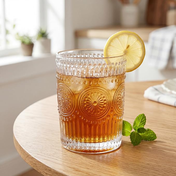 Kingrol 6 Pack SMALL 9 oz Drinking Glasses, Vintage Embossed Tumblers - Image 4