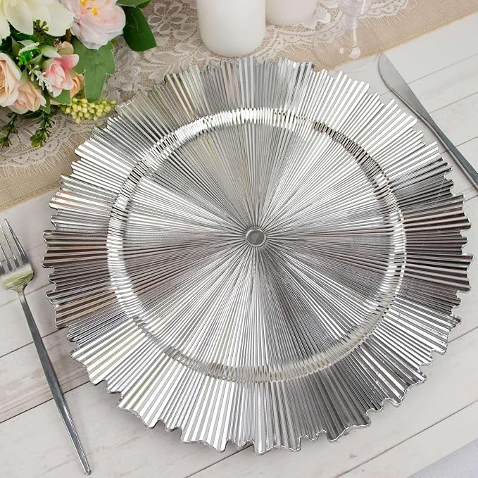 Efavormart 6 Pack | 13" Metallic Silver Sunray Acrylic Plastic Serving Plates by efavormart