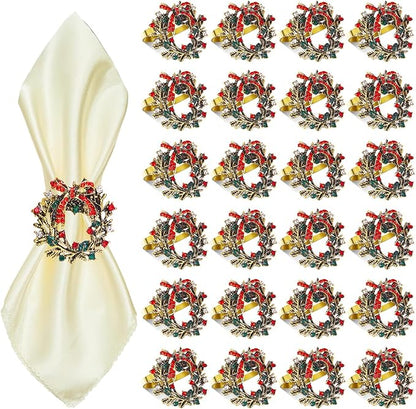 ZeeDix Christmas Wreath Napkin Rings Set of 24, Holiday Christmas Napkin Ring Holders for Cloth Napkins, Serviette Buckles for Thanksgiving Holiday Dinner Party Table Setting