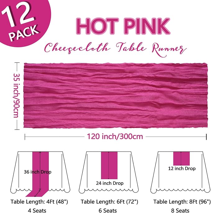 12 Pack Hot Pink Table Runner Cheesecloth 10Ft Gauze Cheese Cloth Table Runner - Image 2