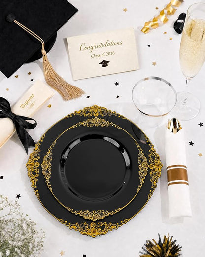 Nervure 350Pcs Black Plastic Plates, Plastic Dinnerware Set - Image 2