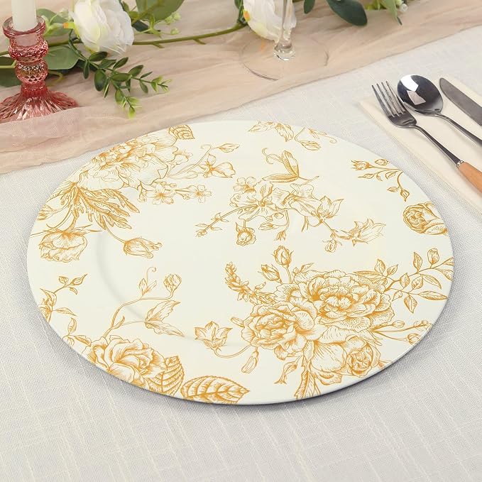 Efavormart 6 Pack White Gold Floral Acrylic Charger Plates in French Toile - Image 3