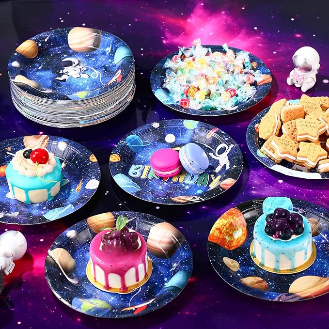 60 Pcs Outer Space Birthday Party Supplies 7 Inch Solar System Paper Plates Astronaut Dessert Plates Space Theme Party dishes for Birthday Baby Shower Decorations