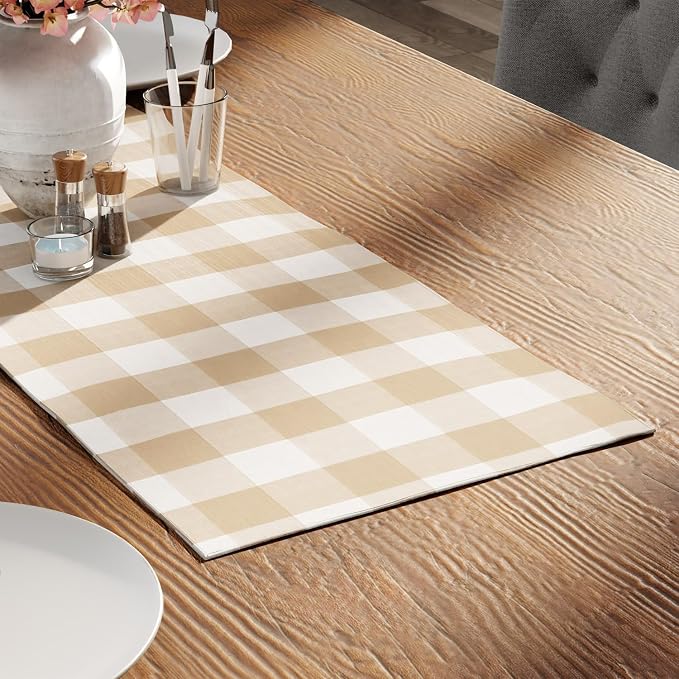 Encasa XO Table Runner, Woven Cotton Dining Runner 13"x36" Buffalo Beige Checks - Image 2