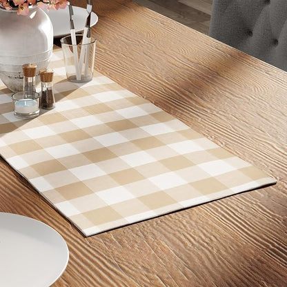 Encasa XO Table Runner, Woven Cotton Dining Runner 13"x36" Buffalo Beige Checks - Image 2