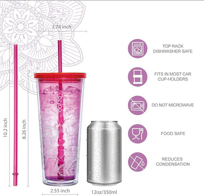 bzyoo 24oz Plastic Tumbler Cup, Lid & Straw, Iced Coffee, Mandala Pink - Image 6