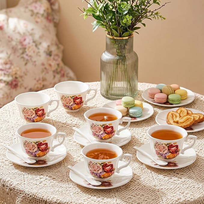 Pumtus Tea Cups and Saucers Set of 6, 8 OZ Vintage Ceramic Teacups - Image 7
