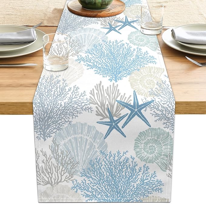 Coastal Table Runner 13x90 Inch Blue Summer Beach Nautical Table Runners Modern by LXXTK