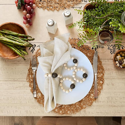 Wood Bead Napkin Rings Set of 6, Dark Gray and Natural Beech Wood, Farmhouse - Image 6